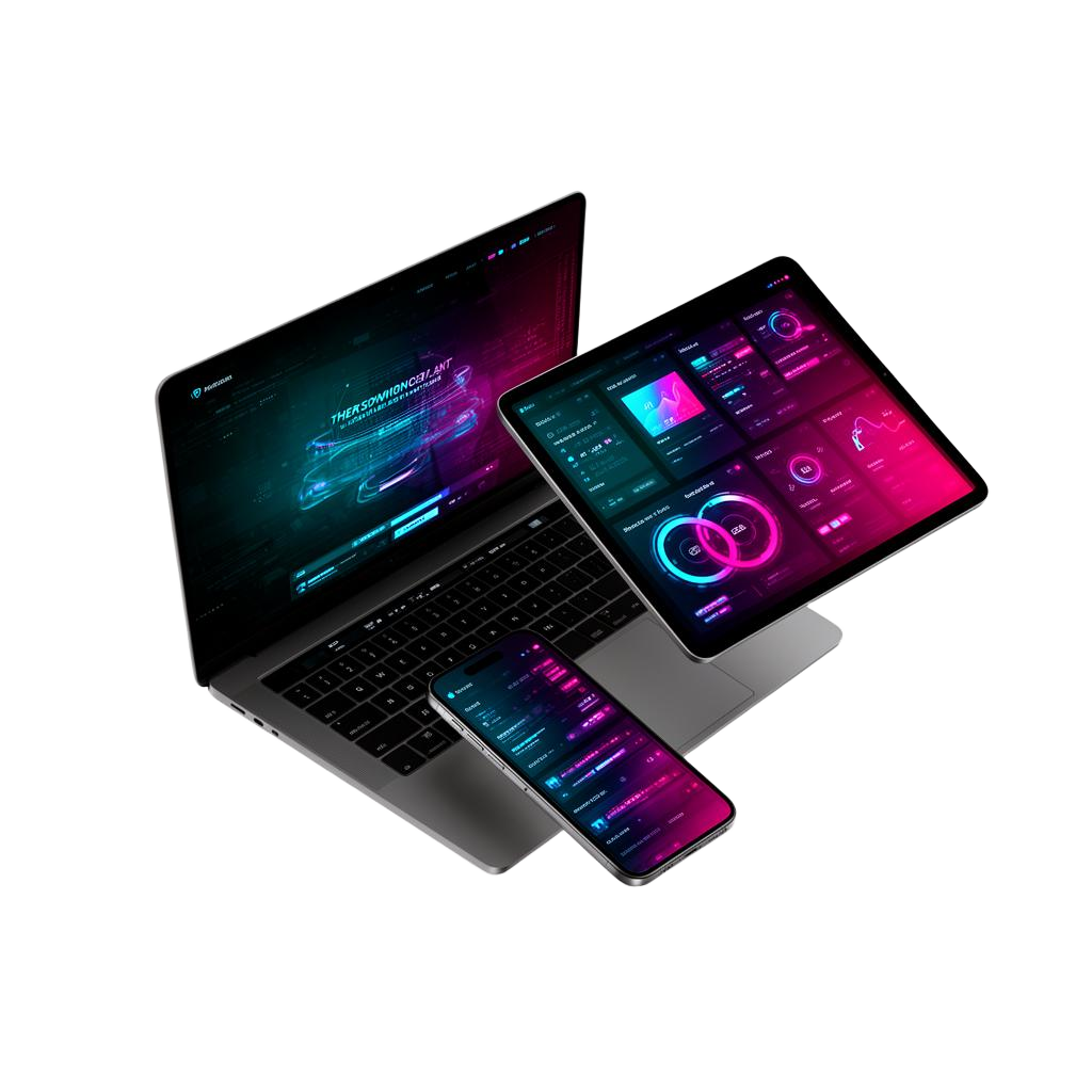 Devices showing a futuristic neon dashboard concept built by ALTR